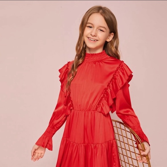 New! Girls Red Satin Shirred Neck Ruffle Tiered Flare Dress - Picture 4 of 4